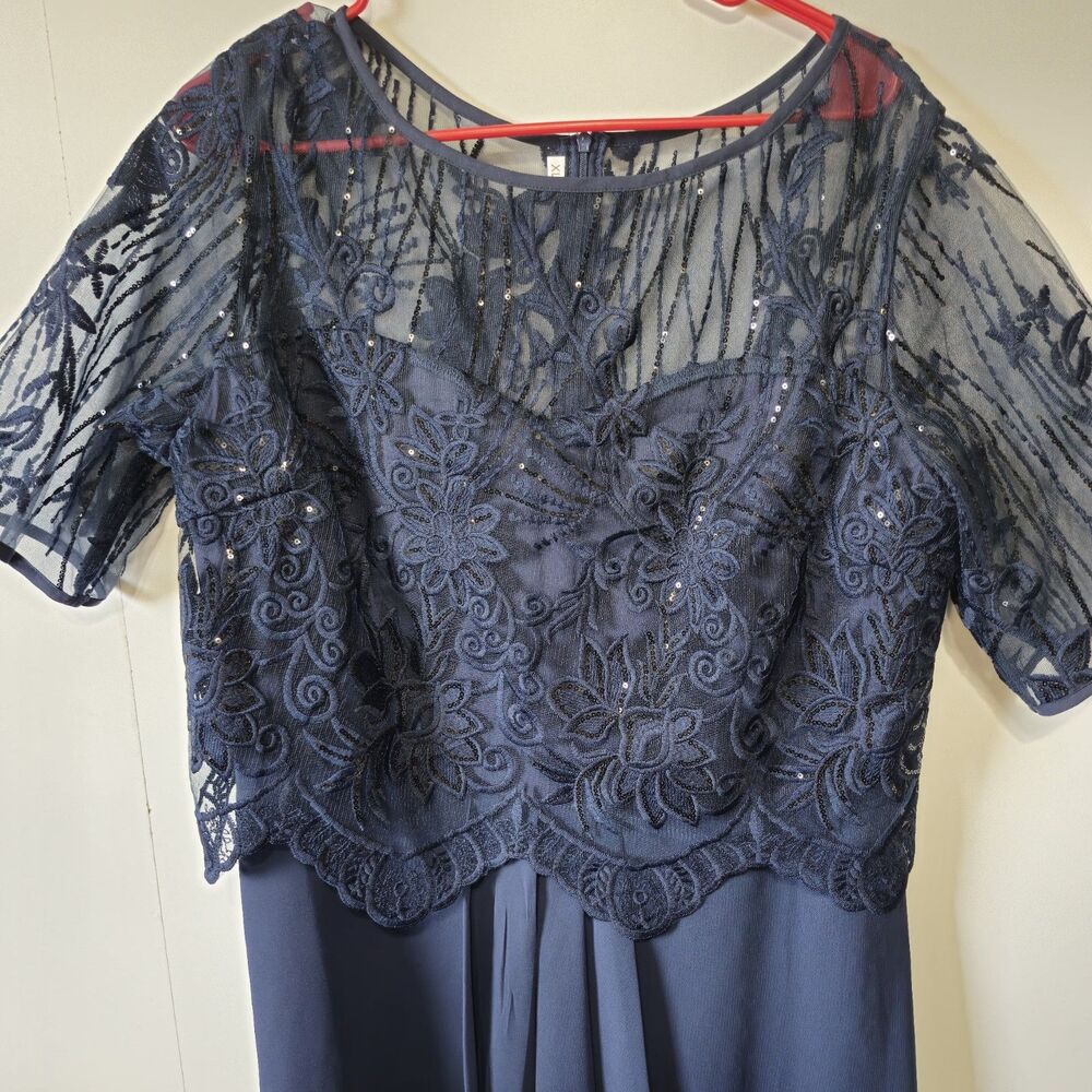 Navy Blue Formal Dress XL Lace Sequin Chiffon Wedding Guest Mother Elegant - Picture 3 of 11
